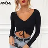 APROMS SEXY V Neck Ribbed Cropped T-shirt Femmes Elegant DrawString Tie Up Tshirt Streetwear Solid Slim Crop Top 210311