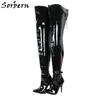 Sorbern Unisex 12Cm High Heel Boots Women Lockable Zipper Back Stilettos Mid Thigh High Boot Hard Shaft Ankle Strap Pointed Toe