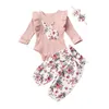 Zestawy odzieży Zestaw ubrania Baby Girl Bodysuit Romper Floral Pants Opaska na głowę 0-24m Urodzony niemowlę