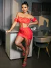 Glamaker sexy rood uit schouder stip tweedelige set vrouwen zomer ruches mouw veter ruches jurk suit feest slanke rok 220602