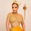 Guld illusion långa ärmar aftonklänningar med applikationer spets sexig hög delad sjöjungfru prom klänning afrikanska kvinnliga festklänningar