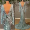 Lekki Niebieski Suknie Syrenki Suknie Wieczorowe Afryki Bling Bling V Neck Długim Rękawem Party Suknie ASO EBI Prom Dress Pro232