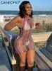 Многоцветная сетка Смит через пляжное мини -платье Женщины Summer Sexy Halter кружево без рукавов без рукавов Bodycon Hip Subirt 220616