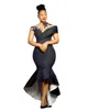 2022 Sexy Arabic Black Evening Dresses Wear High Neck Cap Sleeves Lace Appliques Beads Mermaid Ruched Ruffles Party Dress Formal Prom Gowns Plus Size High Low