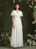 DHL Solid White Chiffon Loose Beach Summer Prom -jurken voor vrouwen Elegante Flare Short Sleeve Ribbon Belt Maxi Avond feestjurken Vestido