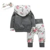 幼児の女の赤ちゃんの服ロングスリーブの花カンガルーポケットパーカートップとズボン衣装ヘッドバンド幼児服セットlj201223