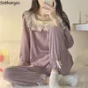 Women Pajama Sets Autumn Lace Square Collar Nightwear Princess Long Sleeves Ruffles Pyjama Lounge dent Sweet Outfit Two Pieces L220803