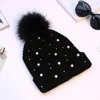 Bonnet/crâne casquettes année hiver chapeaux pour femmes perle fourrure Pom Beanie chapeau fille chaud tricoté casquette décontracté couleur unie mode Bonnet Femme CapBeani