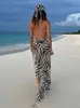 Sexy Backless Bandage High Slit Beach Maxi Dress Women 2022 Summer Sundress Elegant Fashion Striped Zebra Print Dresses Vestido Y220413