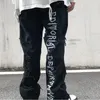 Мужские джинсы мужские мужские для мужчин джинсовые брюки хип -хоп черные готические брюки Harajuku разорвали прямую вышивку ноги