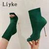 Liyke 2022 Новые сексуальные вырезы тонкие высокие каблуки Красная зеленая вязаная эластичная ткань носки лодыжки сапоги женская вечеринка танцевальная обувь Y220729