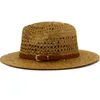 Breite Krempelnhüte HT3580 Stroh Panama Hut Frauen Männer Strand Cap UV Schutz Jazz Fedora Ledergürtel Häkeln Sommersonne Eger22