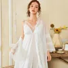 Indumenti da notte da donna Bianco Sposa Abito da sposa Set2PCS Manica intera Kimono in pizzo Abito Prospettiva Camicia da notte Accappatoio Donna Pigiama intimo Pigiama