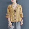 Retro Geborduurde Knoop Knoop Katoenen Shirt Dames Zomer Chinese Zen Tea Jurk Losse Korte V-hals Top 220408