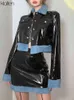 Klalien Fashion Casual Patchwork Pu Leather Long Sleeve Turndown Collar Single Breasted Jacket For Women Cool Streetwear Coat L220801