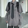 Houzhou Grey Shirts Kvinnor Harajuku Avtagbar Ärm Överdimensionerad BF Gotisk Blus med Tie Vintage Streetwear Punk Höstskjorta 220407