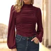 Autumn Winter Ruched Slim Basic Blouses Women Solid Lantern Sleeves Shirts Fashion Long Sleeve Streetwear Tops L220705