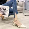 Sandaler High Heels Designer Luxury Silk Square Head Pearl Chain Sandaler Women Korean Version Chunky Heeled Lady Shoes 220704