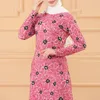 Ethnic Clothing Women Spring Autumn Casual Maxi Hijab Dresses Crew Neck Long Sleeve Fashion Printed Pink Floral Female Stylish Robe 2022 Mus