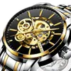 Hollow Out Golden Case Luxury Business Design Roestvrij staal horlogeband heren horloges topmerk mechanische skeletwork polshorloges