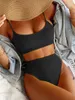 INGAGA Waist Bikini Swimwear Swimsuit Ribbed Biquinis Set Solid Bathing Suit Women Sexy High Cut Beachwear 220621