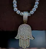 14K GOUD GELUID DIAMAND Hamsa Hand Evil Eye Pendant Real Icy Choker ketting Geelgoud mannen Women Hiphop sieraden