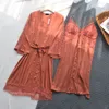 여자 속옷 섹시 잠옷 실크 잠옷 패턴 벨트 인쇄 3 쿼터 슬리브 새틴 V 목에 우아한 저녁 라운지웨어 슬립 드레스와 로브 2 조각 1 크기
