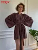 Ttqv lässige lockere braune Mini-Kleid Damen Herbst Schnürung Langarm Kleid Roben Elegante Baumwollschlafkleider für Frauen 2022 T220804