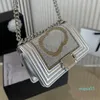Shiny Diamonds Designer-Klappentasche aus Leder mit Strasssteinen, silberne Hardware-Kette, Umhängetasche, klassisch gesteppt, luxuriös, schimmernde Handtaschen, 20 x 13 cm
