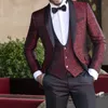 Floral Jacquard Men Suits Wedding Tuxedo for Groomsmen 3 Piece Groomsmens Wear Set Jacket Shawl Lapel Male Fashion Clothes