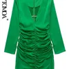 Женская мода с стразами, драпированным зеленым мини -платьем, винтажное с длинным рукавом задняя молча