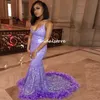 Shiny Purple Sequin Mermaid Prom Dress 2022 For Black Girls Sexy V Neck African Aso Ebi Evening Dress With Feather Night Party Special Occasion Dresses robes de soirée
