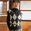 秋の女性のカジュアルノースリーブの格子縞のニット作物セーターアーガイルプリントセーターベストレディースvネックニットセーターベスト220715