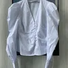 Kvinnor toppar och blusar våren ny blus franska retro vneck pärlspänne hylsa vit skjorta kvinna topp t200608