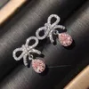 Dangle Lustre De Luxe Boucles D'oreilles Pour Les Femmes Girly Bow Goutte D'eau Rose Zircone Argent Couleur De Mariage De Mode Bijoux En Gros