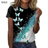 バタフライレディーTシャツ3D花柄の丸いネックカジュアルニッチデザインセンス衣料品女性動物シリーズ半袖220526
