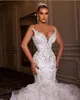 Luxury Mermaid Wedding Dresses V Neck Off Shoulder Beads Lace Cascading Ruffles Sexy Bride Dress Wedding Gowns Custom Made