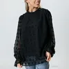 Damesblouses shirts vrouwen puffen lange mouw chiffon t gegolfde mock nek zwitsers stip jacquard blouse massieve kleur casual losse sleutelgat rug