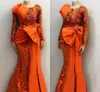 Orange Lace Stain Mermaid Evening Dresses 2022 Long Sleeve Big Bow African Arabic Aso Ebi 3D Floral Lace Pleated Prom Dress