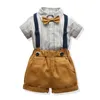 Estate Bambini Ragazzo Vestiti da gentiluomo Set Camicia a maniche corte Top Bretelle Pantaloncini Abiti casual Abbigliamento per ragazzini