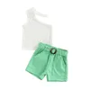 Citgeett Summer Kids Girl Outfit Set Solid Color Ribbed Neeveless Tops Elastic Waist Shorts Belt Clothing J220711