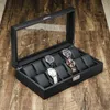 Uhrenboxen, doppellagiges Kohlefaser-Leder, schwarze Farbe, Glas-Top-Box-Organizer für Damen und Herren