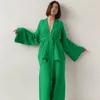 Refve Katoen Dames Nachthemd 2 Stuks Set Drop Mouwen Robe Broek Suits Flare Vrouwelijke Pyjama Zomer Badjas Voor Vrouw 220421