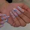 False Nails 24pcs Blue White Wavy Lines Long French Rhinestone Ballerina Full Cover Fake Tips Coffin Manicure Tool Prud22