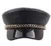 HOUSE007 New Women British Faux Leather Beret Cap With Metal Chain Girls Casual Cotton Cap Flat Navy Hat Gorros J220722