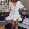 Everkaki Boho Short Dress Women Snake Pattern Print Bow Tied Summer Vestidos Ladies Mini Dresses女性2021 Spring New Fashion 210302