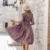 Элегантное A-Line Polka Dot Women Dress Осенняя офисная леди O-образное ремень Женщины Миди платье с полу рукава фиолетовая Вестидо 220511