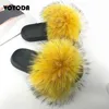 Tofflor nya päls kvinnor fluffiga riktiga bilder fuzzy tvättbjörn hår bekväm inomhus sandaler sommar kvinna sko 220708