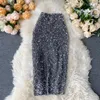 FTLZZ Women Sequins Pencil kjolar Koreanska Elegant Mid Length Bodycon Jupe Vår Sexig Femme Trend High Waist Slim Shinny Skirt 220317