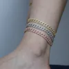 Anklets HipHop 9MM Iced Out Bling CZ Miami Cuban Link Chain Anklet Rose Gold Pink Stone Silver Color Women Fashion JewelryAnklets